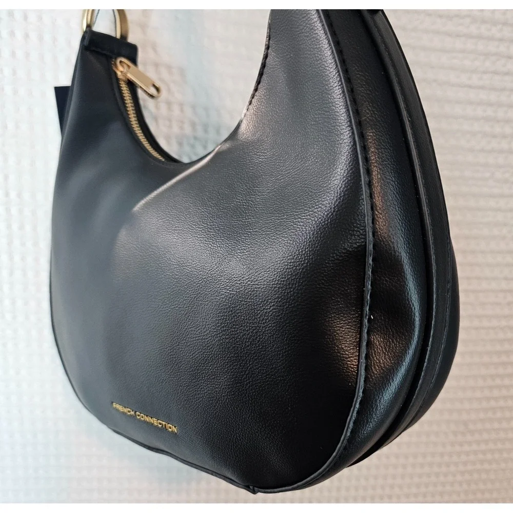 French Connection Moritz Hobo Bag Womens Black Smooth Zip Purse Shoulder